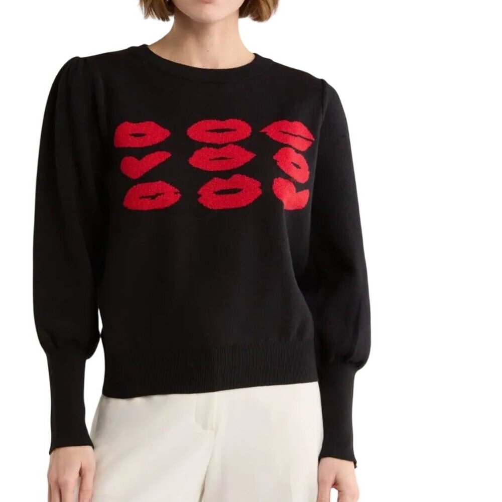 Nanette Lepore Nwt Black Red Lurex Lips Hearts Bishop Sleeve Sweater Size M
